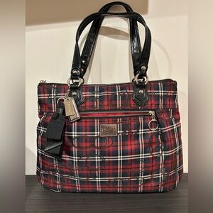 Coach Poppy Tartan Plaid Glam Large Tote Black/Red EUC